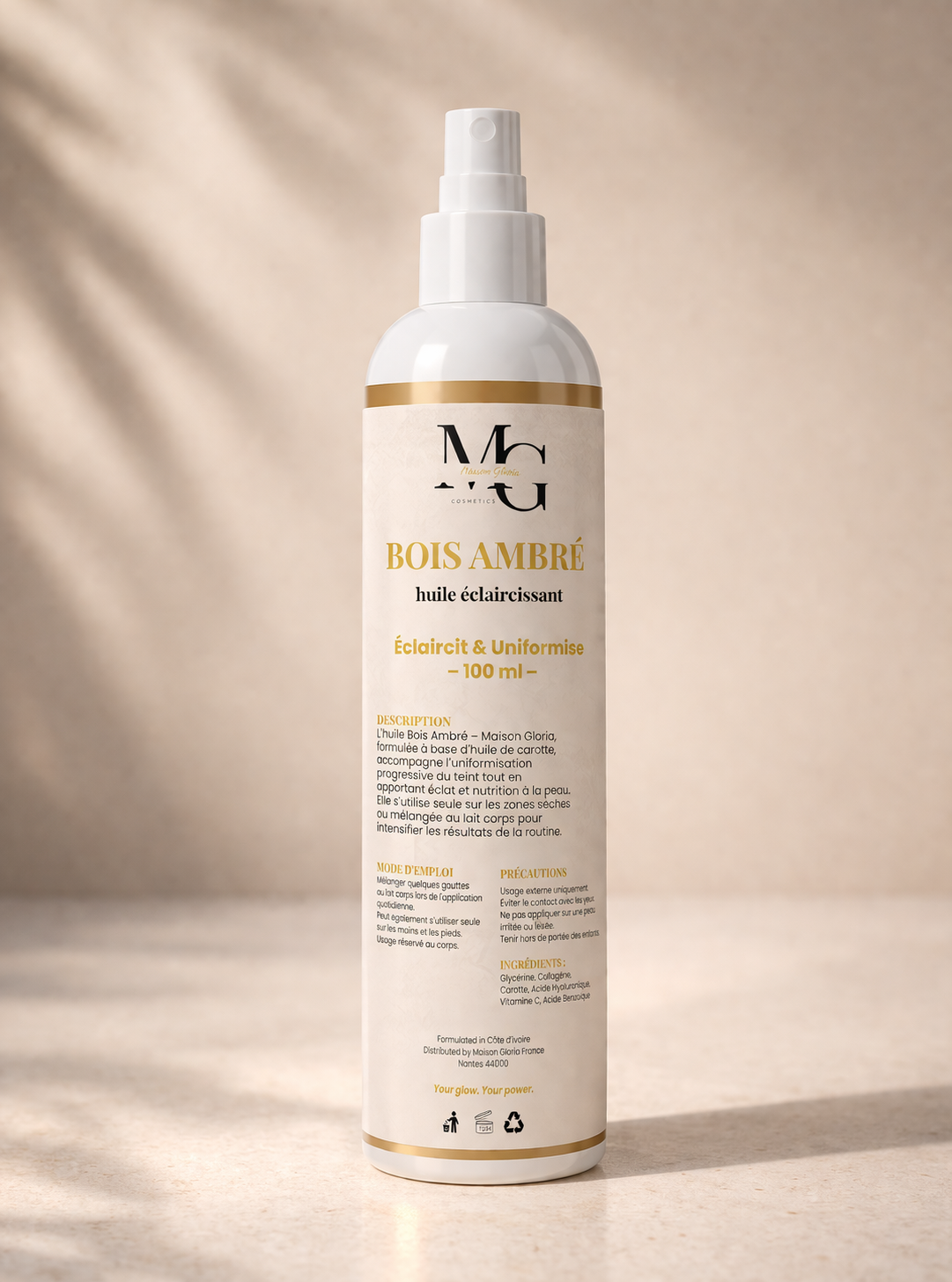 Texture et application de l'huile précieuse booster glow Bois Ambré — Maison Gloria